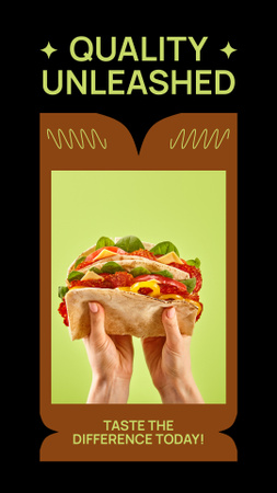 Ontwerpsjabloon van Instagram Story van Snelle informele restaurantadvertentie met verse sandwich in handen