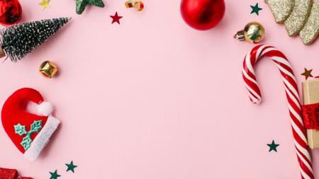 Template di design Bastoncino di zucchero natalizio e cappello da Babbo Natale in rosa Zoom Background