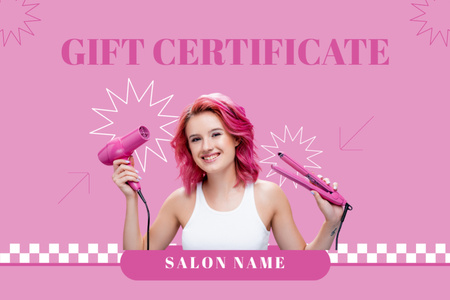 Mulher jovem com cabelo rosa segurando alisador e secador de cabelo Gift Certificate Modelo de Design