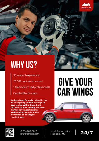Repairman is working with Car in Auto Service Poster Design Template