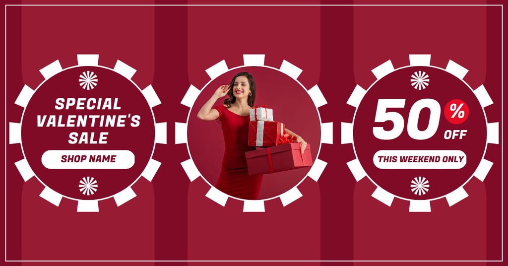 Valentine's Day Sale Announcement with Attractive Woman in Red Facebook AD Tasarım Şablonu