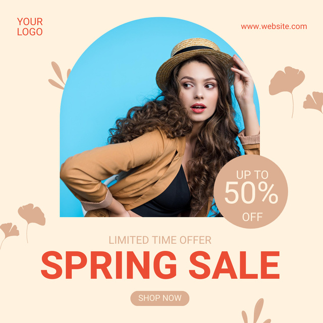 Spring Sale with Attractive Woman in Hat Instagram AD tervezősablon