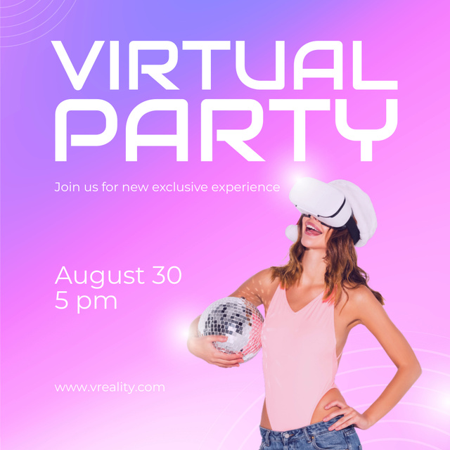 Virtual Party Announcement with Woman and Disco Ball Instagram Modelo de Design