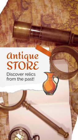 Designvorlage Fantastische Antiquitätengeschäft-Werbung mit Karte und Taschenuhr für TikTok Video