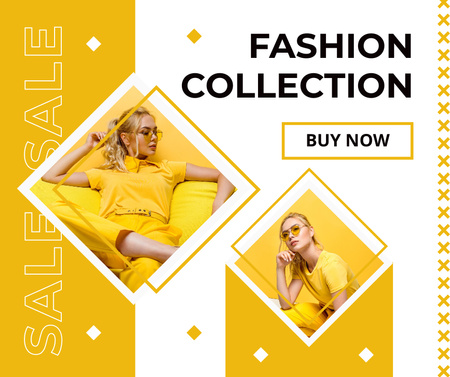 Young Woman in Yellow Suit for Fashion Collection Facebook Design Template