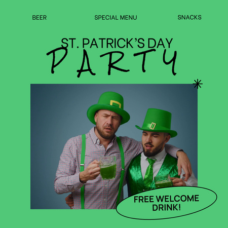 Platilla de diseño Patrick’s Day Party With Free Drinks Animated Post