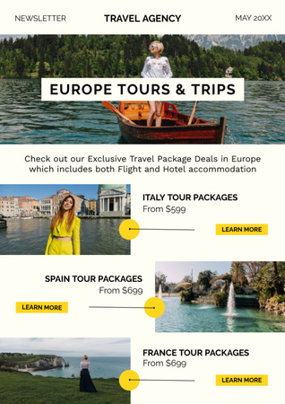 Ontwerpsjabloon van Newsletter van Exclusieve aanbiedingen voor Europese reizen