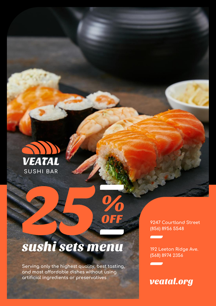 Japanese Restaurant Offer with Discount on Fresh Sushi Posterデザインテンプレート