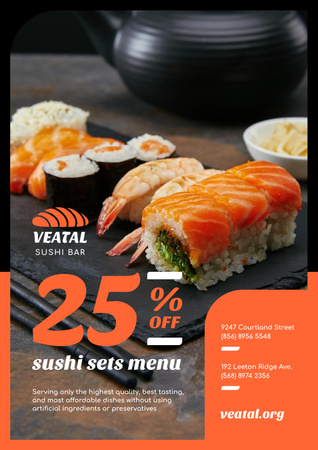 Japanese Restaurant Offer with Discount on Fresh Sushi Poster Design Template
