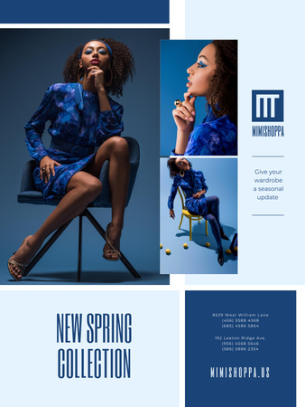 Ontwerpsjabloon van Poster US van Fashion Collection Ad with Stylish Woman in Blue