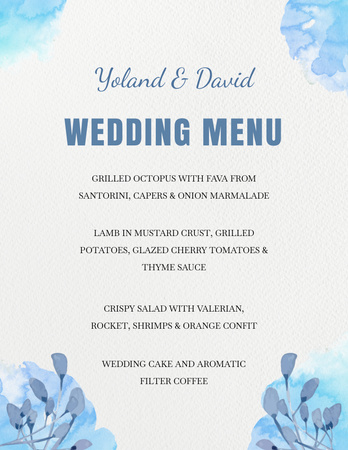 Designvorlage Hochzeits-Vorspeisenliste mit blauen Aquarell-Blumenelementen für Menu 8.5x11in