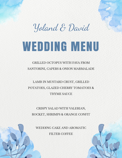 Wedding Appetizers List with Blue Watercolor Floral Elements Menu 8.5x11in Tasarım Şablonu