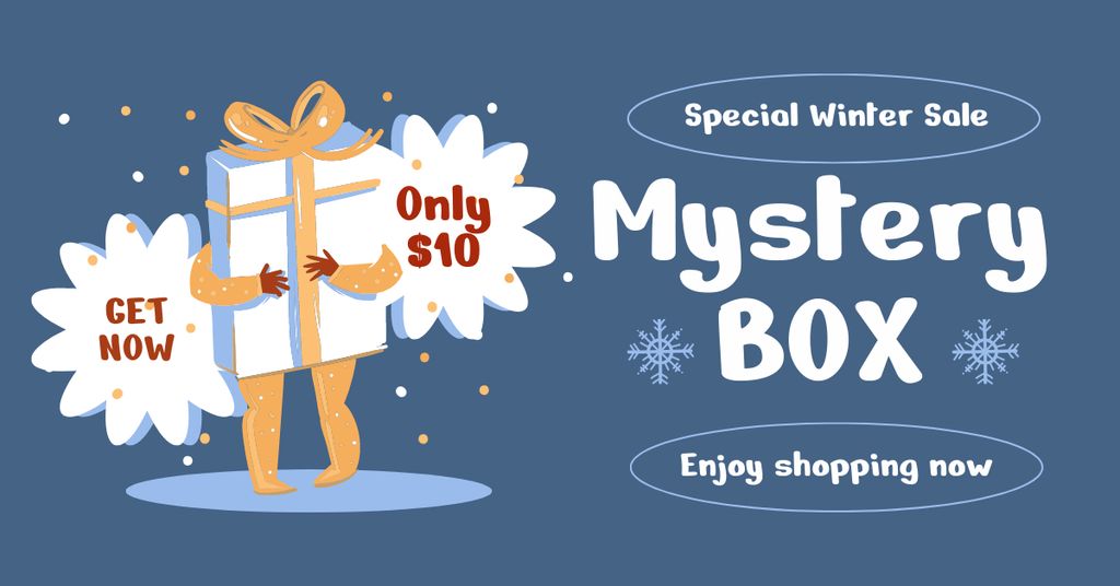 Mystery box cartoon illustration blue Facebook AD – шаблон для дизайна