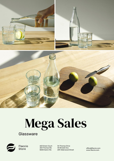 Kitchenware Sale with Jar and Glasses with Water Poster Design Template