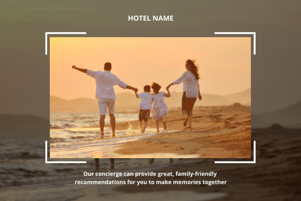 Happy Family Together on Beach in Sunset And Hotel Promotion Postcard 4x6in tervezősablon