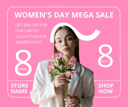 Template di design Sale on Women's Day with Woman holding Flower Facebook