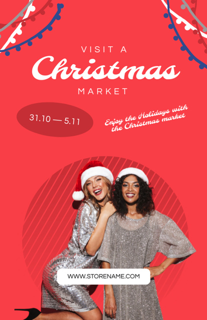 Glorious Christmas Market Announcement with Smiling Women Invitation 5.5x8.5in Design Template