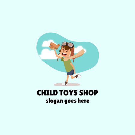 Child Toys Shop Ad with Boy Playing with Airplane Animated Logo Design Template