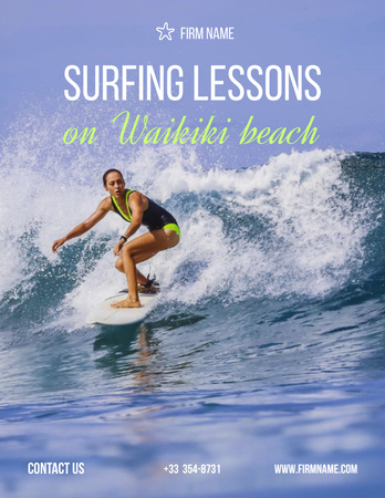 Ontwerpsjabloon van Poster 8.5x11in van Surfing Lessons Ad with Woman on Wave