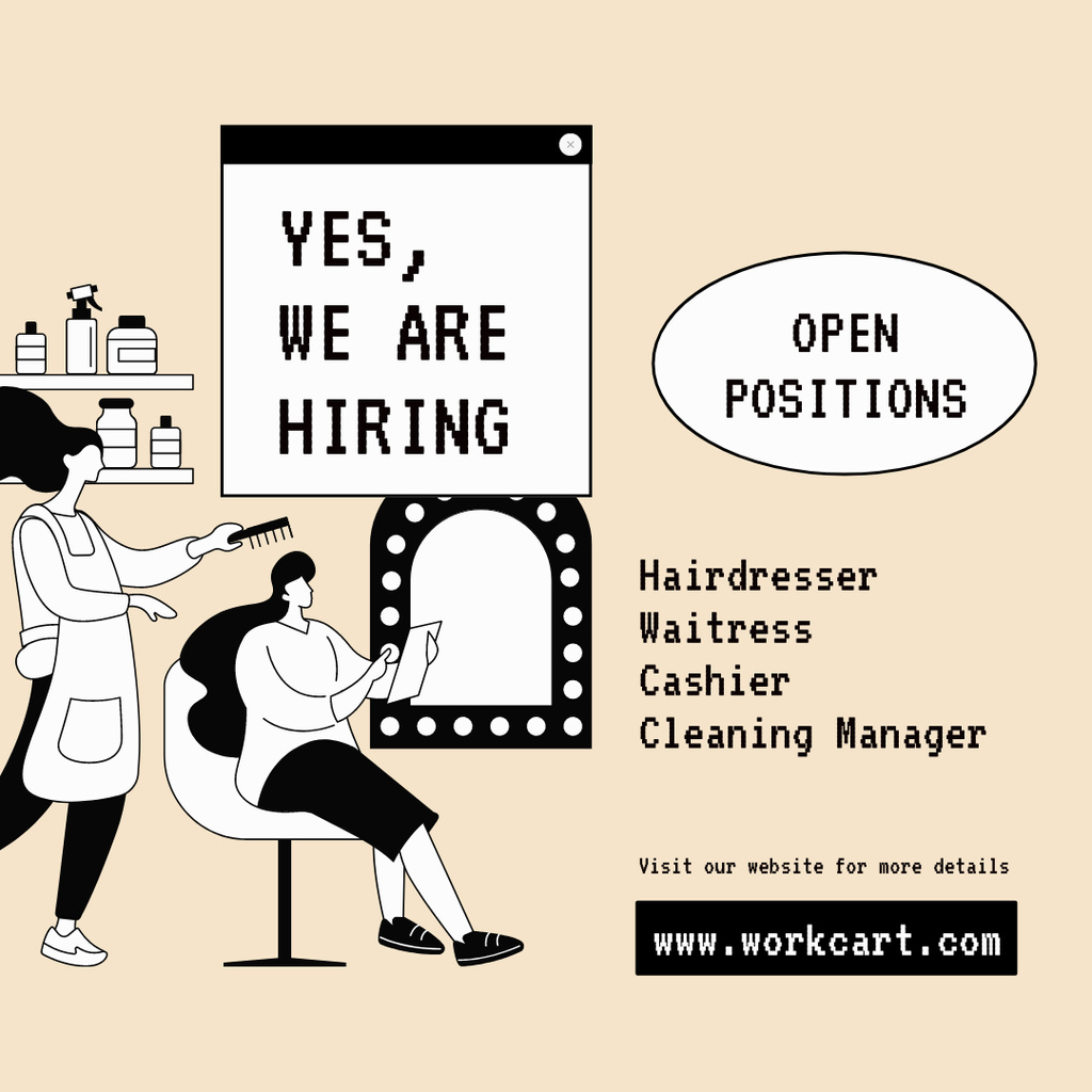 Announcement of Search for Employees with Hairdresser And Cashier Instagram Design Template