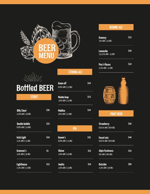 Designvorlage Beer Variety Offer With Illustration für Menu 8.5x11in