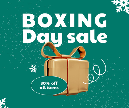 Boxing Day Sale Announcement with Gift and Snowflakes Facebook Design Template