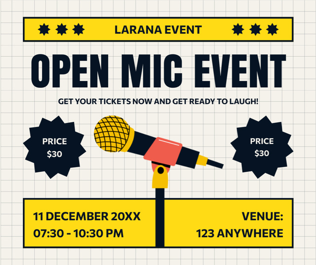 Open Mic Event Announcement on Yellow Facebook Design Template