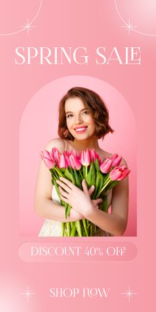 Spring Sale with Young Woman with Pink Tulips Graphic Design Template
