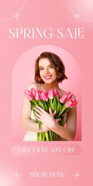 Spring Sale with Young Woman with Pink Tulips Graphic Šablona návrhu