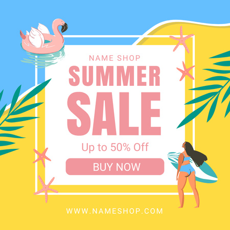 Summer Special Sale Offer with Beach Illustration Instagram Design Template