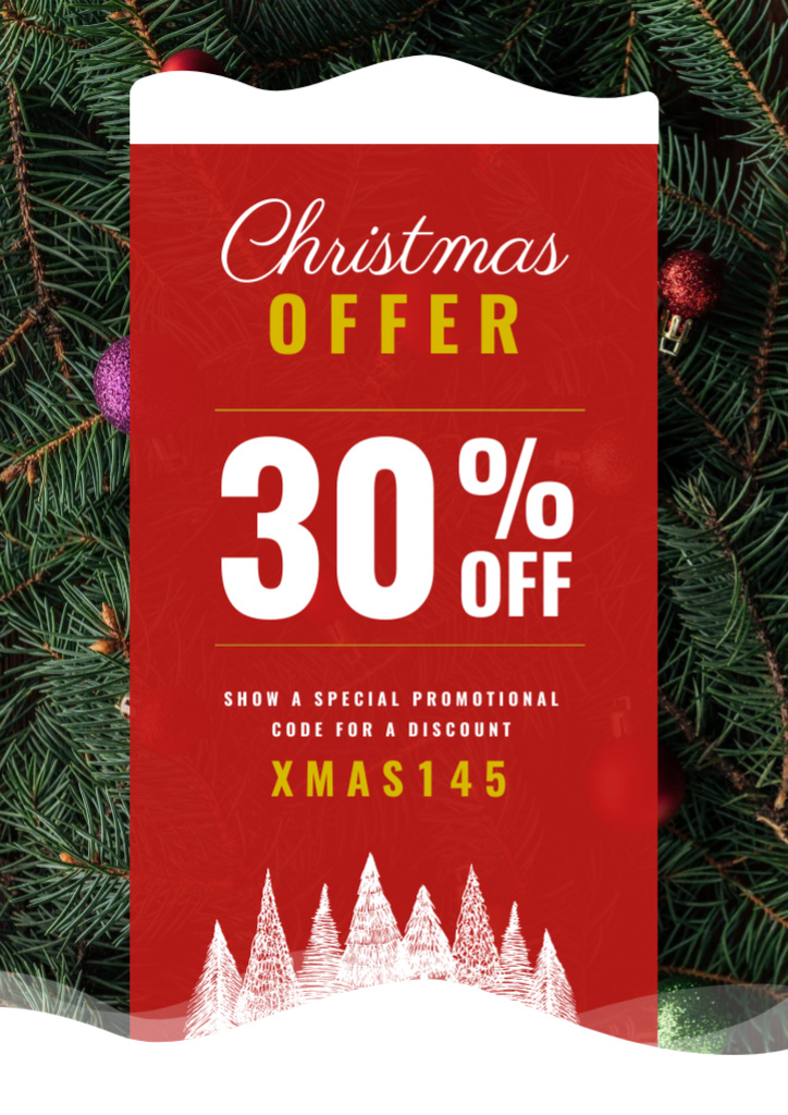 Christmas Offer with Decorated Fir Tree Flyer A4 Tasarım Şablonu