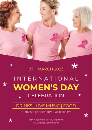 Kansainvälisen naistenpäivän juhliminen naisten kanssa vaaleanpunaisissa T-paidoissa Poster Design Template