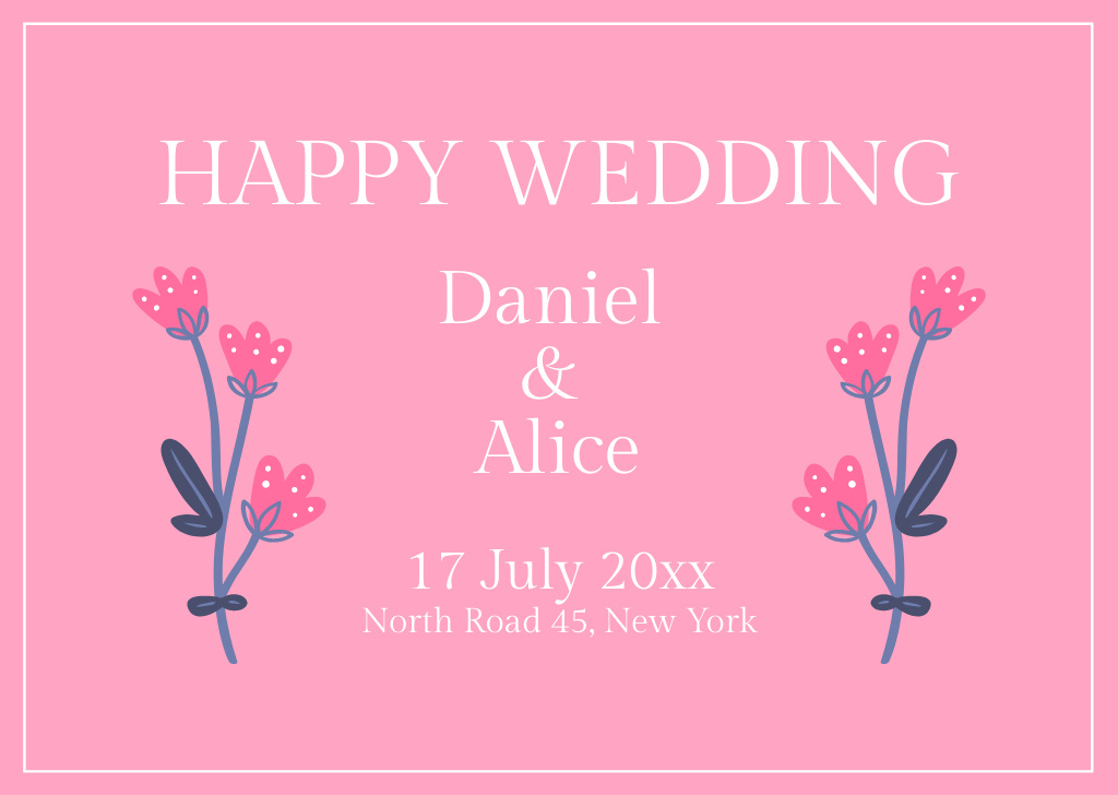 Floral Wedding Invitation in Pink Card Tasarım Şablonu