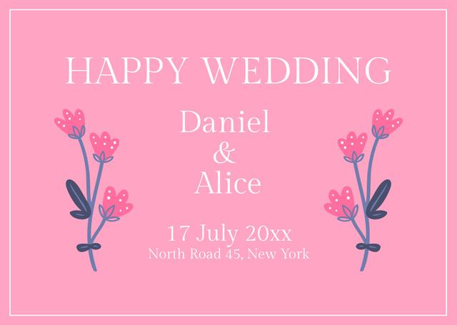 Floral Wedding Invitation in Pink Card Tasarım Şablonu