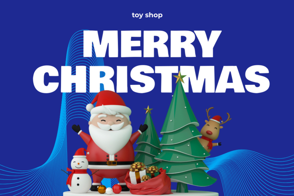 Platilla de diseño Christmas Cheers with Happy Santa and Trees on Blue Postcard 4x6in