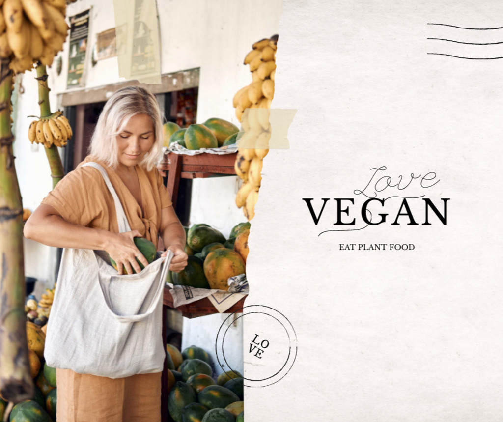 Designvorlage Vegan Lifestyle Concept with Woman holding Eco Bag für Facebook