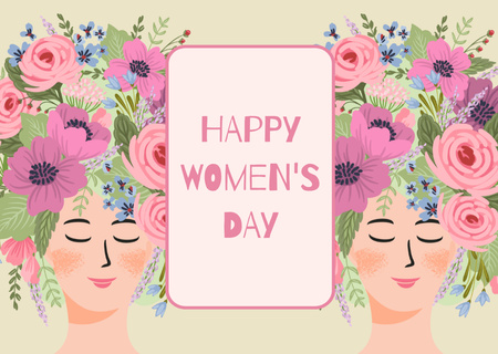 Women's Day Greeting with Beautiful Woman with Flowers on Head Card Design Template