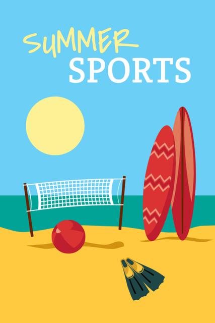 Summer Sports With Beach Illustration Postcard 4x6in Vertical Πρότυπο σχεδίασης