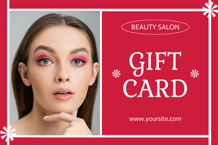 Upea kauneussalonkimainos, jossa on nainen kirkkaanpunaisessa meikissä Gift Certificate Design Template