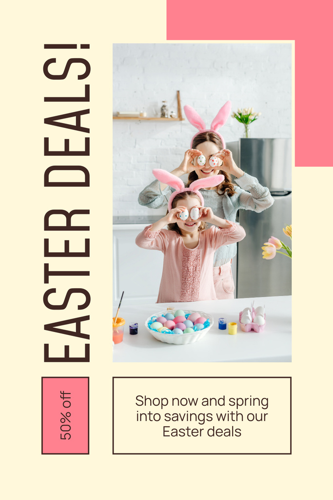 Easter Deals Promo with Family wearing Bunny Ears Pinterest Tasarım Şablonu