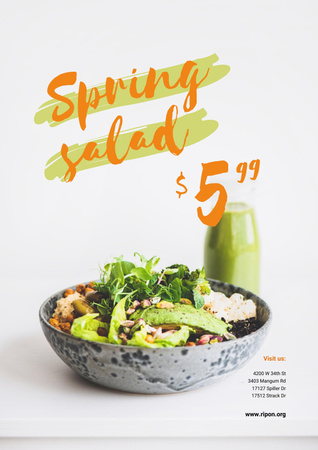Spring Menu Offer with Salad Falling in Bowl Poster Design Template