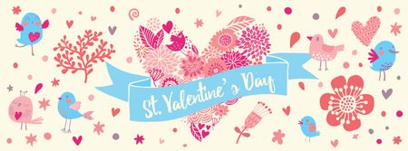 Valentine's Day Greeting with Hearts and Birds Facebook cover Tasarım Şablonu
