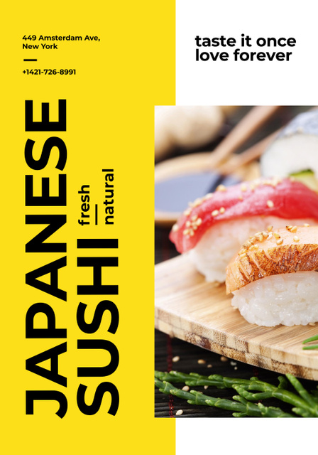 Japanese Seafood Sushi on Wooden Plate Poster 28x40in Design Template