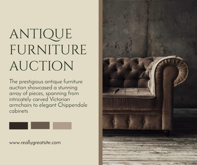 Aged Furniture Auction Announcement With Sofa Facebook Πρότυπο σχεδίασης