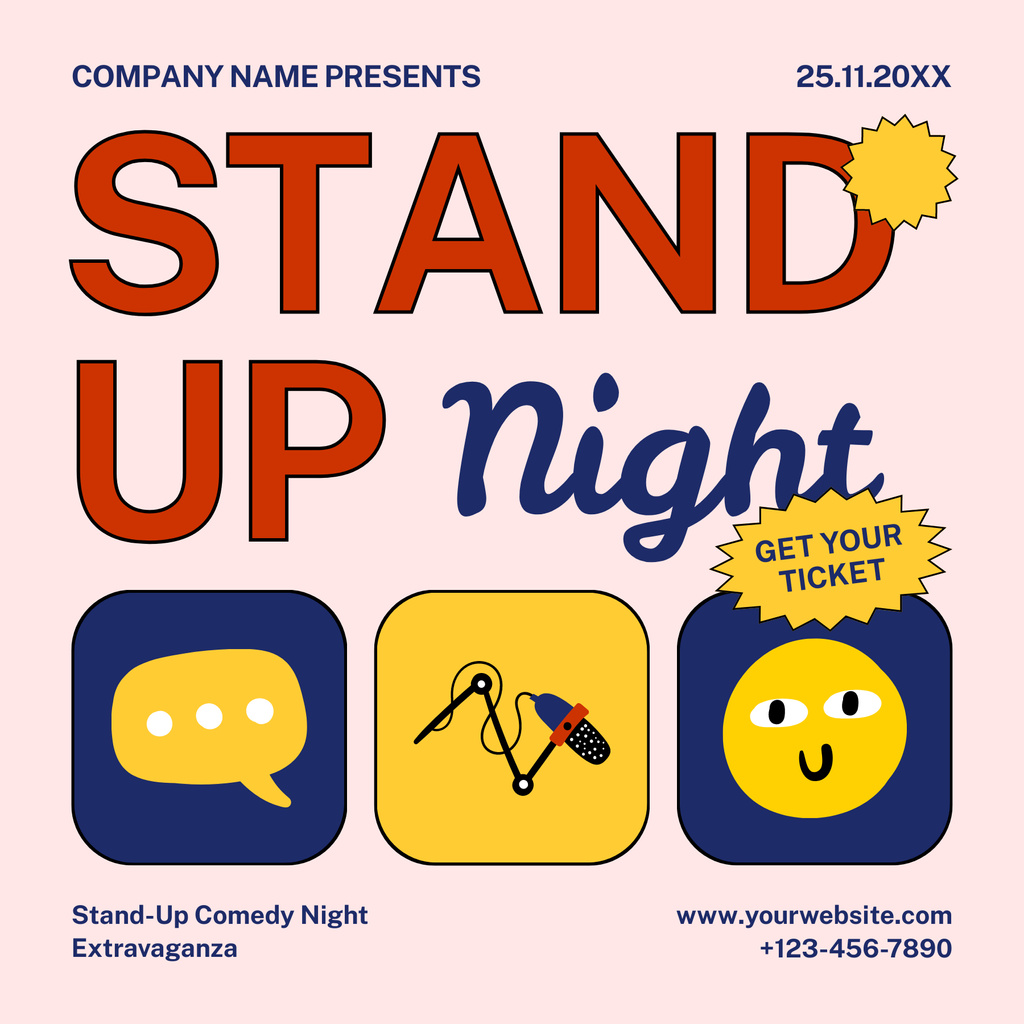 Stand-up Night Show Promo with Illustration of Smiley Emoji Podcast Cover Tasarım Şablonu