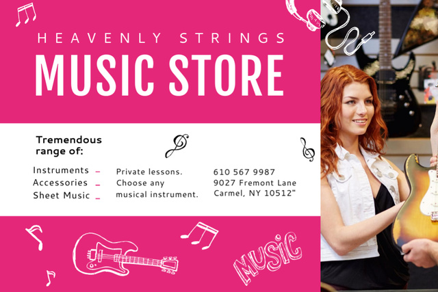 Spacious Music Store And Woman Selling Guitar Postcard 4x6in Design Template