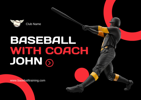 Baseball Training with Coach Black and Red Postcard Design Template