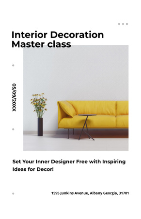 Modèle de visuel Annonce de Masterclass de décoration intérieure avec canapé jaune et fleurs dans un vase - Flyer 5.5x8.5in