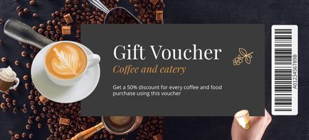 Gift Voucher for Visiting the Coffee House with Cup and Beans Coupon 3.75x8.25in Design Template