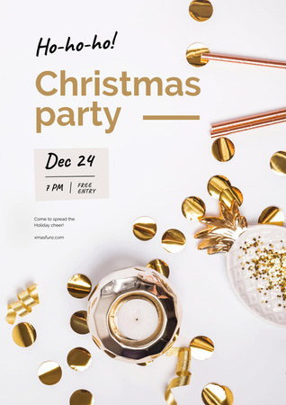 Christmas Party Announcement with Golden Decorations Poster A3 Modelo de Design